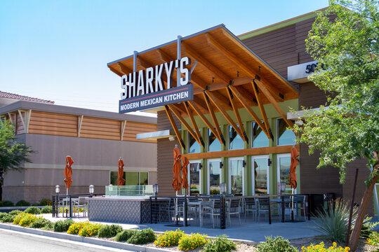 Las Vegas, NV, USA – June 8, 2021: Building exterior of Sharky’s Modern Mexican Kitchen a fast casual restaurant located on Blue Diamond Road in Las Vegas, Nevada. 