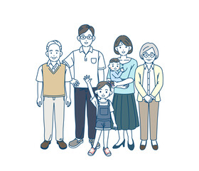 三世代家族　親子　家族の集まり　笑顔　元気　全身　イラスト素材