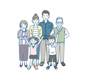 三世代家族　親子　家族の集まり　笑顔　元気　全身　イラスト素材