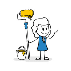 Drawing of cartoon stick figure of business woman holding roller with paint and a bucket of paint near her. Stick figure artist looks at his creative work. You can to add your text or drawing.
