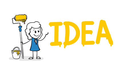 Smiling stick figure of business woman holding roller with paint and paint bucket wrote or drew a word idea. Stickman writes the yellow word. Hand drawn cartoon vector illustration for business design