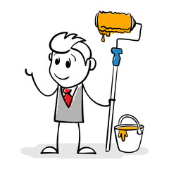 Drawing of stick figure businessman with roller in paint and paint bucket. Stick figure artist looks at his creative work. You can to add your text or drawing. Positive, motivation or inspiration sign