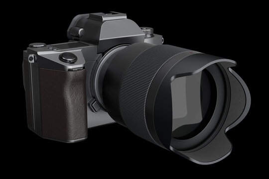 Concept of nonexistent DSLR camera with macro lens isolated on black background.