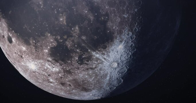 Moon and Tycho crater highlighted with ray system false color 4K. High resolution and super detailed lunar. Cinematic space scene. Stars at the background. Elements of this image furnished by NASA.