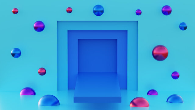 3D illustration of an empty platform surrounded by floating glossy spheres