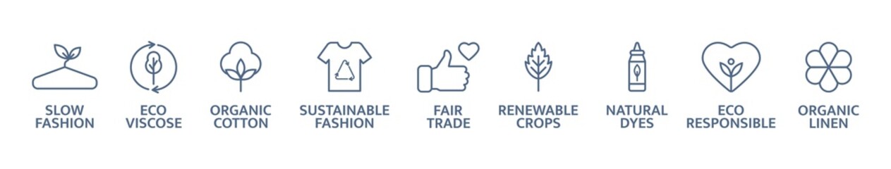Sustainable clothes line icon set. Eco viscose product logo. Slow fashion badge. Organic cotton, natural dyes, renewable crop label. Fair trade. Conscious development. Vector illustration