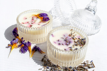 Two organic wax candles in glass jar with dry purple flowers on white background. Homemade decor diy concept