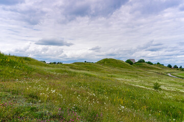 the rolling hills of Gamla Uppsala covered in long wildflower meadows with a gravel path on the side