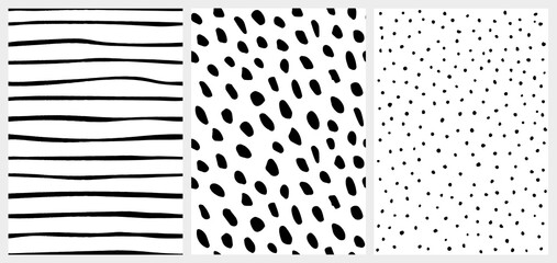 Set of Seamless Vector Patterns. Black and White. Scandinavian Style Hand Drawn Textures. Abstract Backgrounds Ideal for Textile, Fabric Prints, Wrapping Paper, Backdrop, Wallpaper.