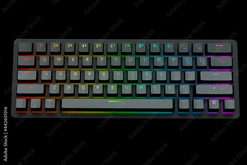 Poster black computer keyboard with rgb colors isolated on black background.