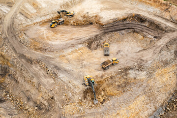 Aerial view of excavators digging ground. Opencast mining quarry.