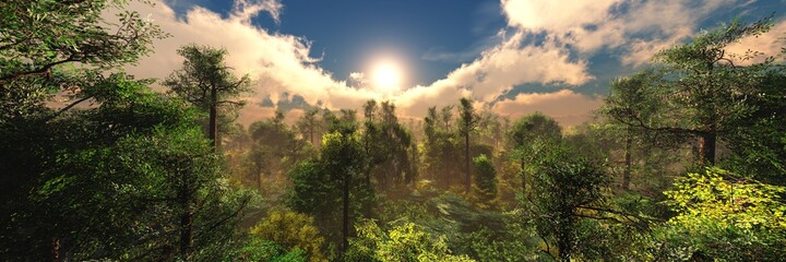 Beautiful forest at sunrise, panorama of the forest in the morning, evening forest park, 3d rendering