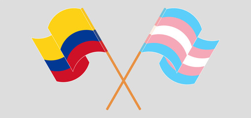 Crossed and waving flags of Colombia and Transgender Pride
