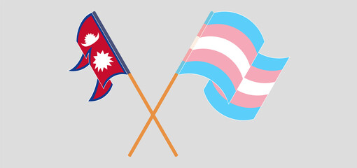 Crossed and waving flags of Nepal and Transgender Pride
