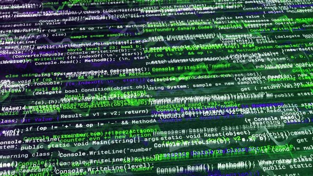 Hacking program code written on a computer screen, seamless loop. Animation. Concept of online security and cyber attack.