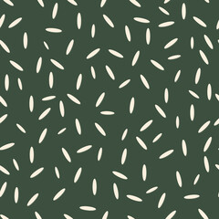 Seamless modern pattern with elements of rice grains on a dark green background. Printing on fashionable fabrics, textiles, decorative pillows. Vector.