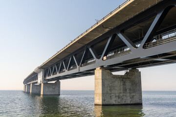 view of the landmark Oresund Bridge between Denmark and Sweden