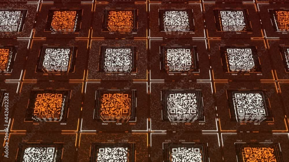 Poster rows of square shaped qr codes with moving electrical impulses on orange background. animation. conc
