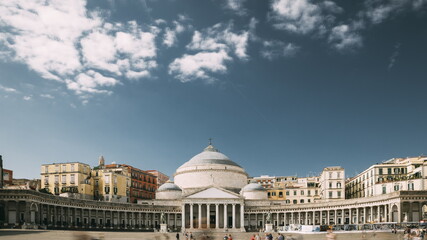 Fototapeta na wymiar Naples, Italy. Famous Royal Basilica of San Francesco di Paola in the Piazza del Plebiscito
