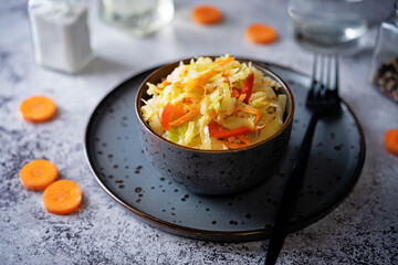 Cabbage carrot red pepper salad in a bowl