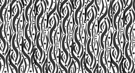 Abstract background of black arbitrary lines, silhouettes, dots on a white background for printing on textiles and paper