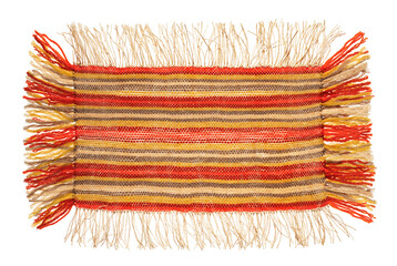 a small handmade rug or mat, woven from red and yellow wool threads, one object close-up