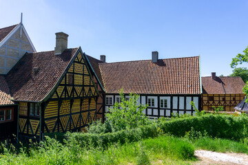 historic half-timbered houses in the old town center of Aarhus