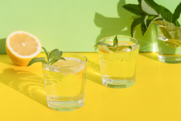 summer drink. cool refreshing beverage with mint and lemon in glass. minimalism. natural fresh lemonade with hard shadows on yellow background