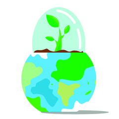 Vector graphics - a sprout with green leaves sprouted from a flower pot-a globe under a greenhouse. Concept - problems of ecology