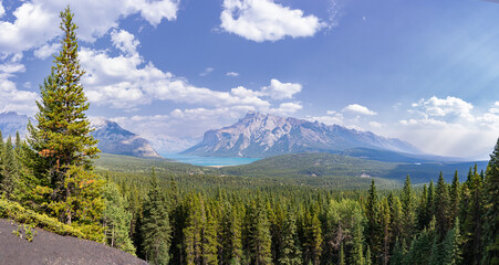 Panoramic View overlooking Lake Minnewanka on C-Level-Cirque-Trail in Canadian Rockies, Banff National Park, Canada