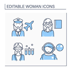 Woman line icons set. Pilot, astronaut, professor, scientist. Successful woman concept. Isolated vector illustrations.Editable stroke