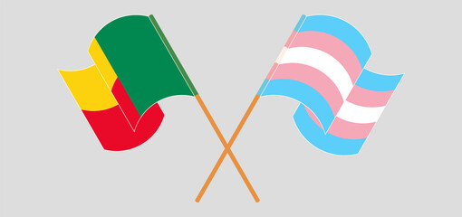 Crossed and waving flags of Benin and Transgender Pride