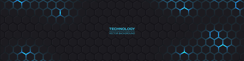 Dark grey and blue horizontal hexagonal technology abstract vector background. Blue bright energy flashes under hexagon in futuristic modern technology wide banner. Dark grey honeycomb texture grid.