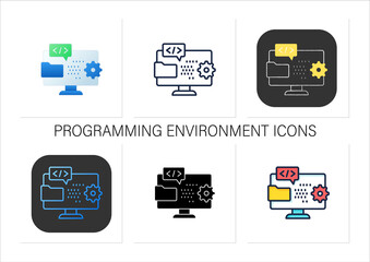 Programming environment icons set. Creating new software. Operation system on laptop. Website programming code.Collection of icons in linear, filled, color styles.Isolated vector illustrations