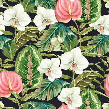 seamless pattern with green tropical palm leaves and flowers on dark background, illustration watercolor hand painted	
