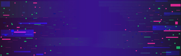 Glitch pixel backdrop. Data noise wide banner. Disintegration effect with color pixels. Digital abstract distortion and lines. Cyberpunk screen effect. Vector illustration - obrazy, fototapety, plakaty