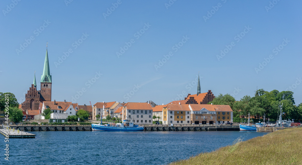 Sticker cityscape of the harbor and old town of Helsingor in northern Denmark