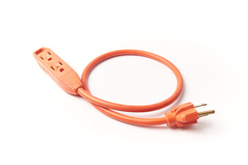 Electrical extension cable,  orange colored isolated on white used for electricity distribution for...