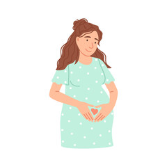 Flat pregnant woman isolated on white. Beautiful Caucasian expectant lady waiting baby birth. Pregnancy character design. Mother hold hands on belly, heart sign. Parenthood cartoon vector illustration