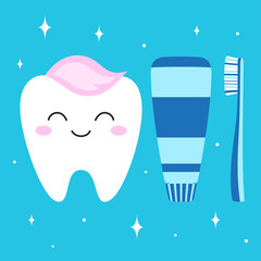 cartoon tooth with toothpaste and brush isolated on blue