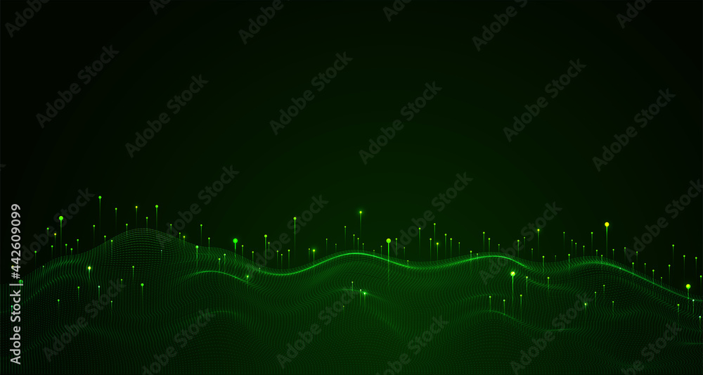 Poster big data visualization concept. dynamic wave on green background. wave of particles