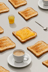 Pattern with toast and lemon jam on gray background