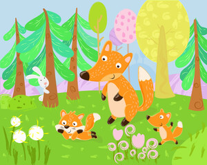 Foxes in a clearing