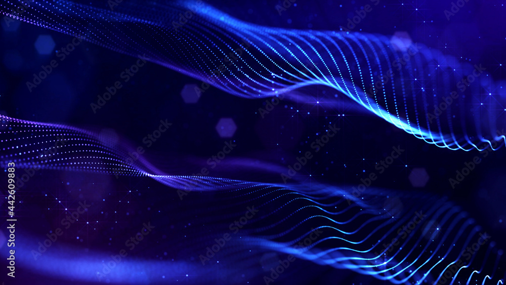 Poster 3d render. abstract sci-fi bg with glow particles form curved lines, surfaces, hologram structures o