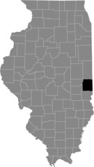 Black highlighted location map of the Illinoisan Edgar County inside gray map of the Federal State of Illinois, USA