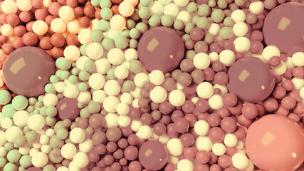 beautiful shiny balls of different colors and sizes completely cover the surface. Some spheres glow. 3d photorealistic render geometric reative holiday background of shiny balls. Multicolored