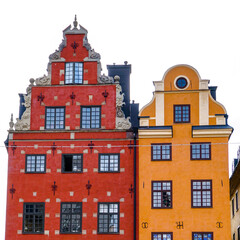 Fototapeta premium close up view of the colorful Stortorget Square houses in downtown Stockholm