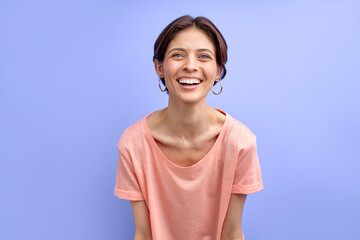 Cheerful woman smile, positive female in basic casual t-shirt posing at camera, joyful and emotional, lovely woman enjoy spare time, shine with happiness