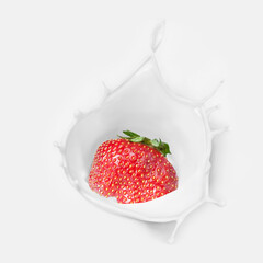 Strawberries fall into the cream with a splash. Square framing