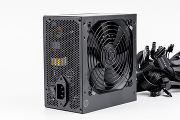 computer power supply unit isolated on white background. desktop hardware part cut out